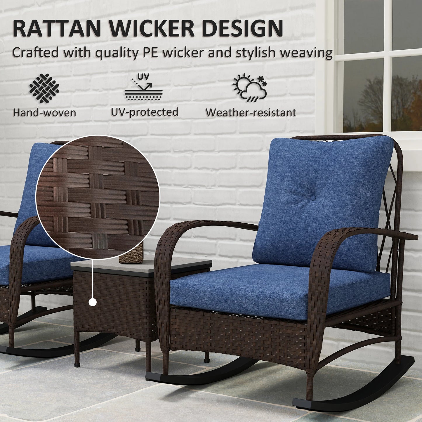 Outsunny Rattan Wicker Patio Rocking Chairs Coffee Table Set