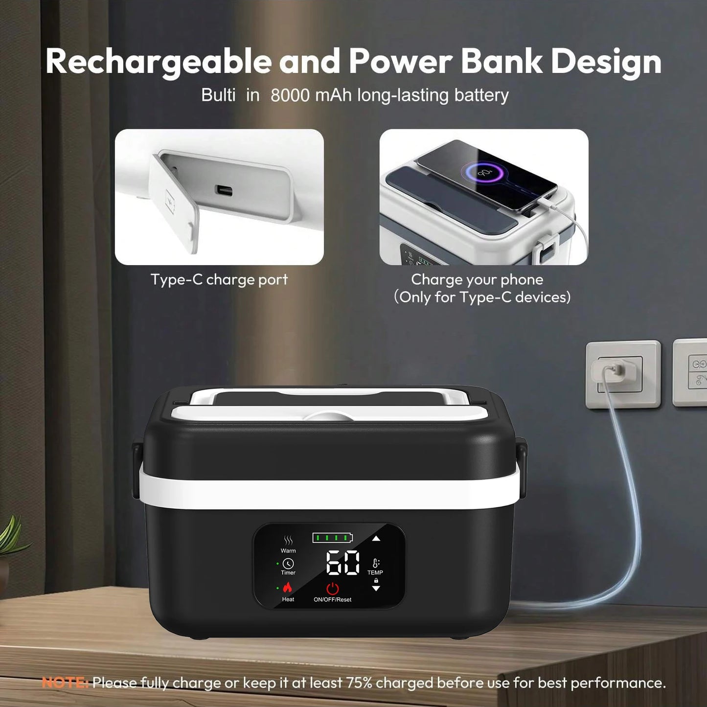 Wireless Electric Insulated Lunch Box With 8000mAh Battery