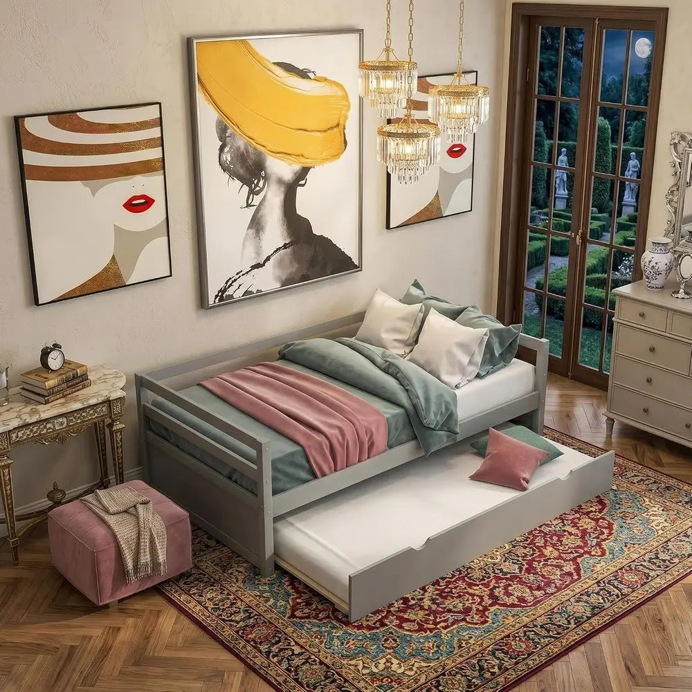Modern Solid Wood Daybed Platform With Easy Trundle