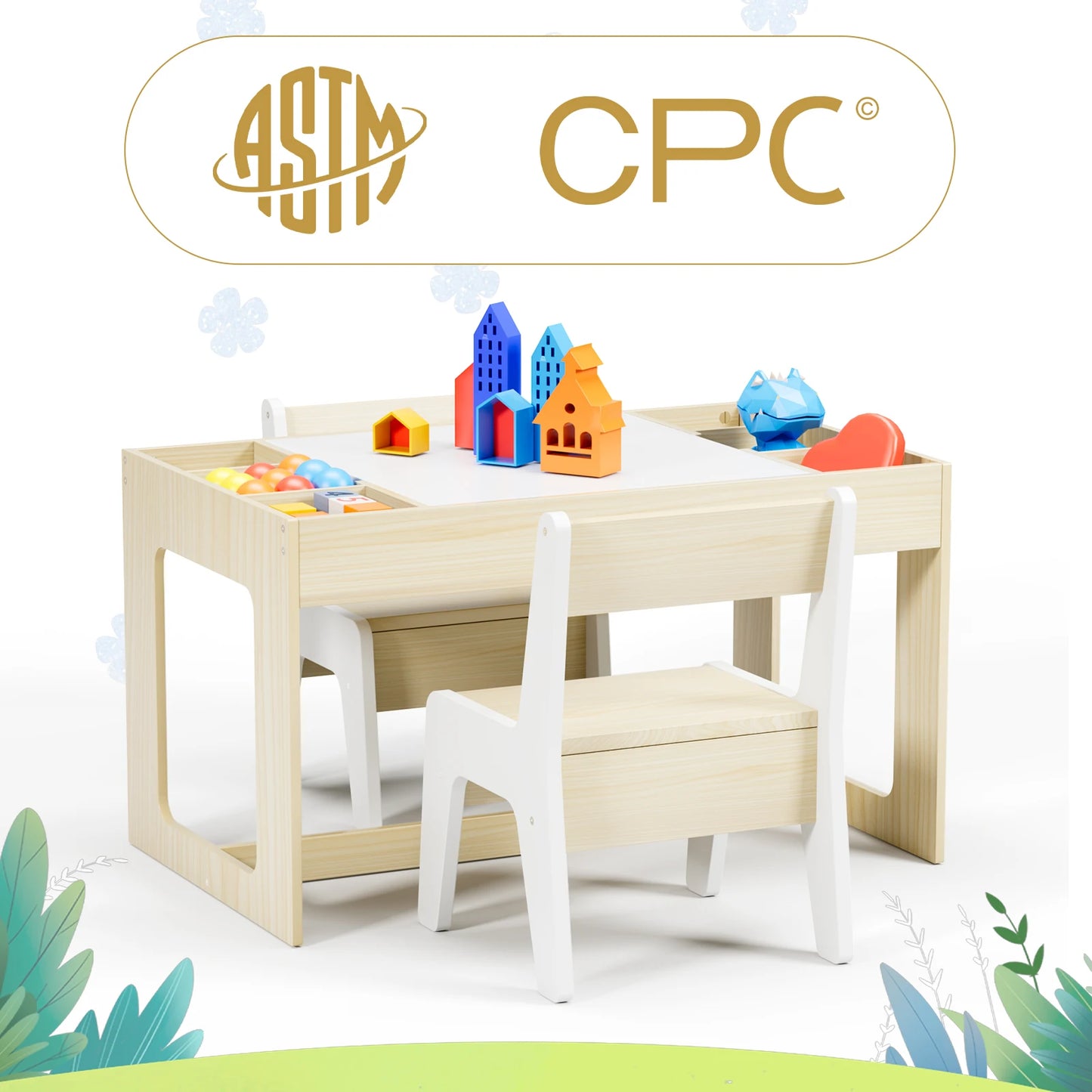 AuAg Wooden Toddler Table And Chairs Set With Storage