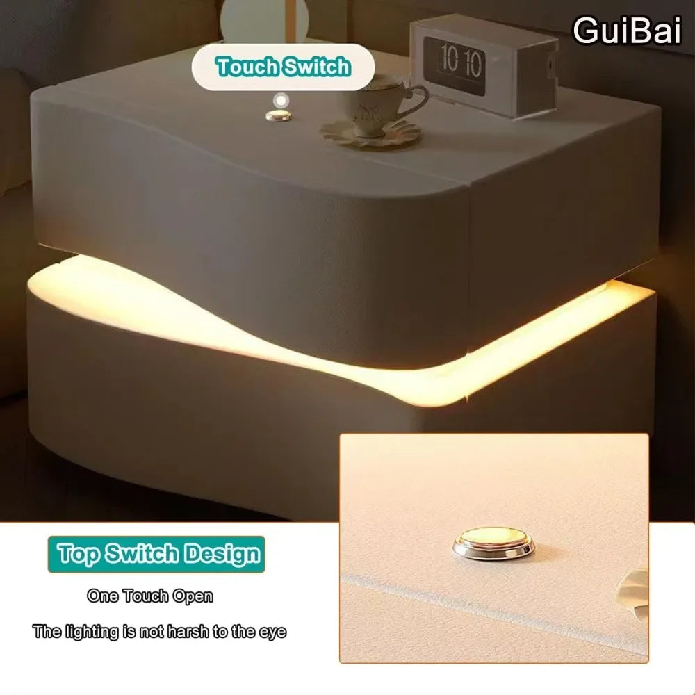 MOYU Solid Wood Nightstand with LED Strip Drawer Bedside Table