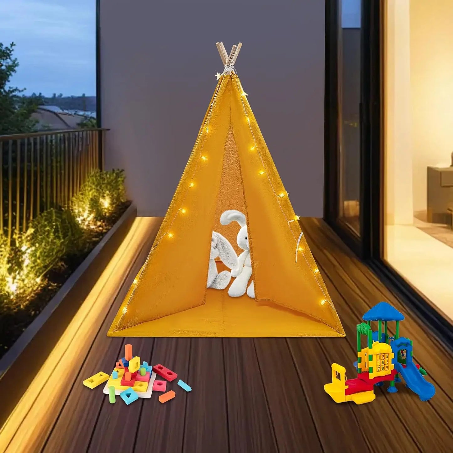 Foldable Cotton Kids Teepee Tent With Floor Mat And Lights