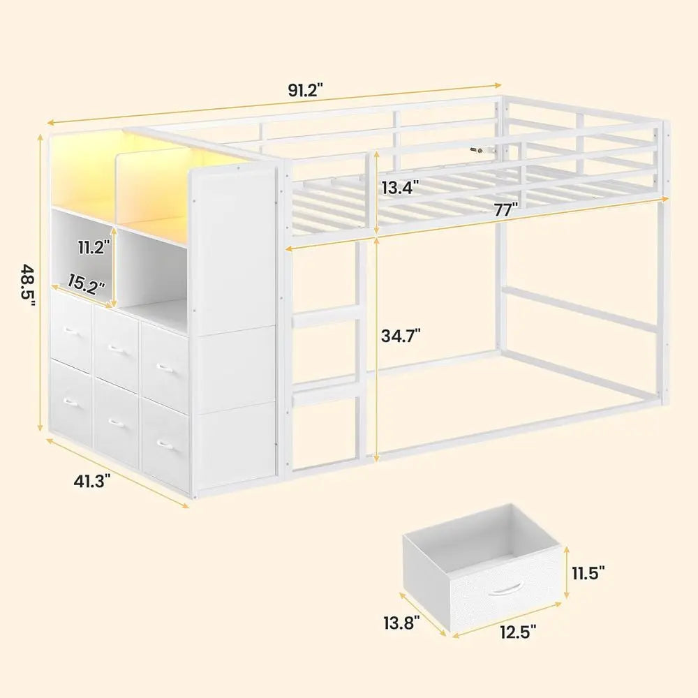 Twin Over Twin Bunk Bed With Storage Shelves And Led