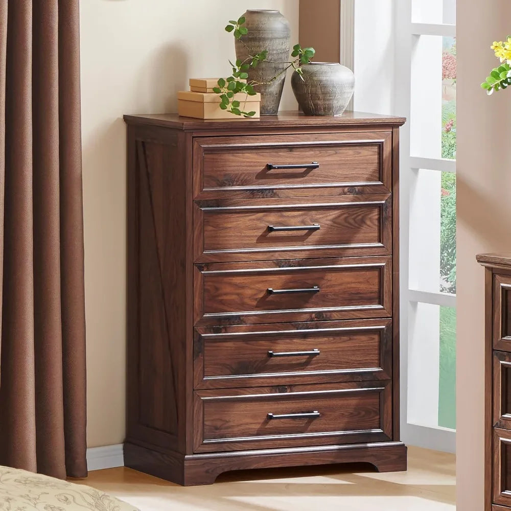RBXC Farmhouse 5 Drawer Dresser Chest For Bedroom Storage