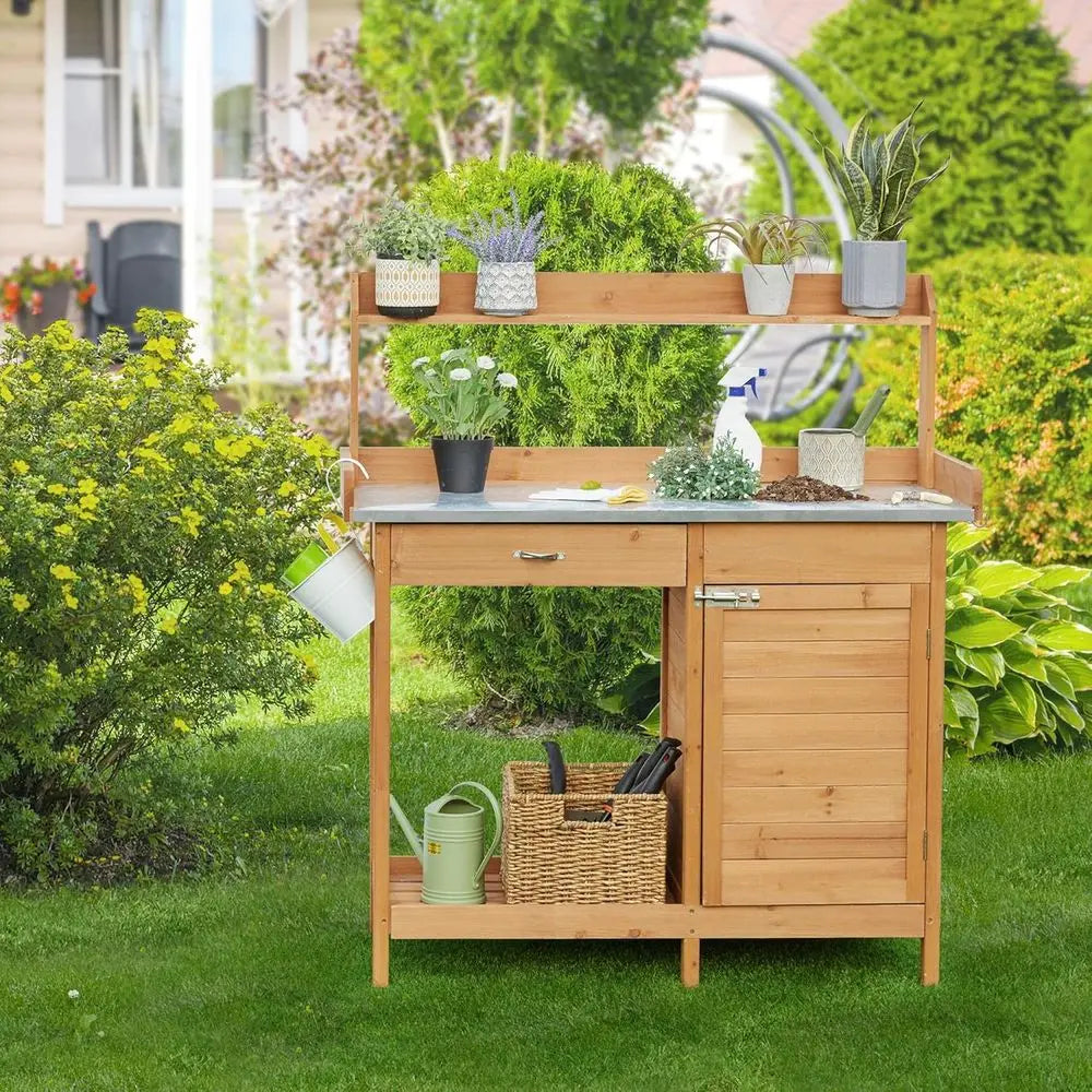 Premium Wooden Outdoor Potting Bench With Metal Top And Cabinets