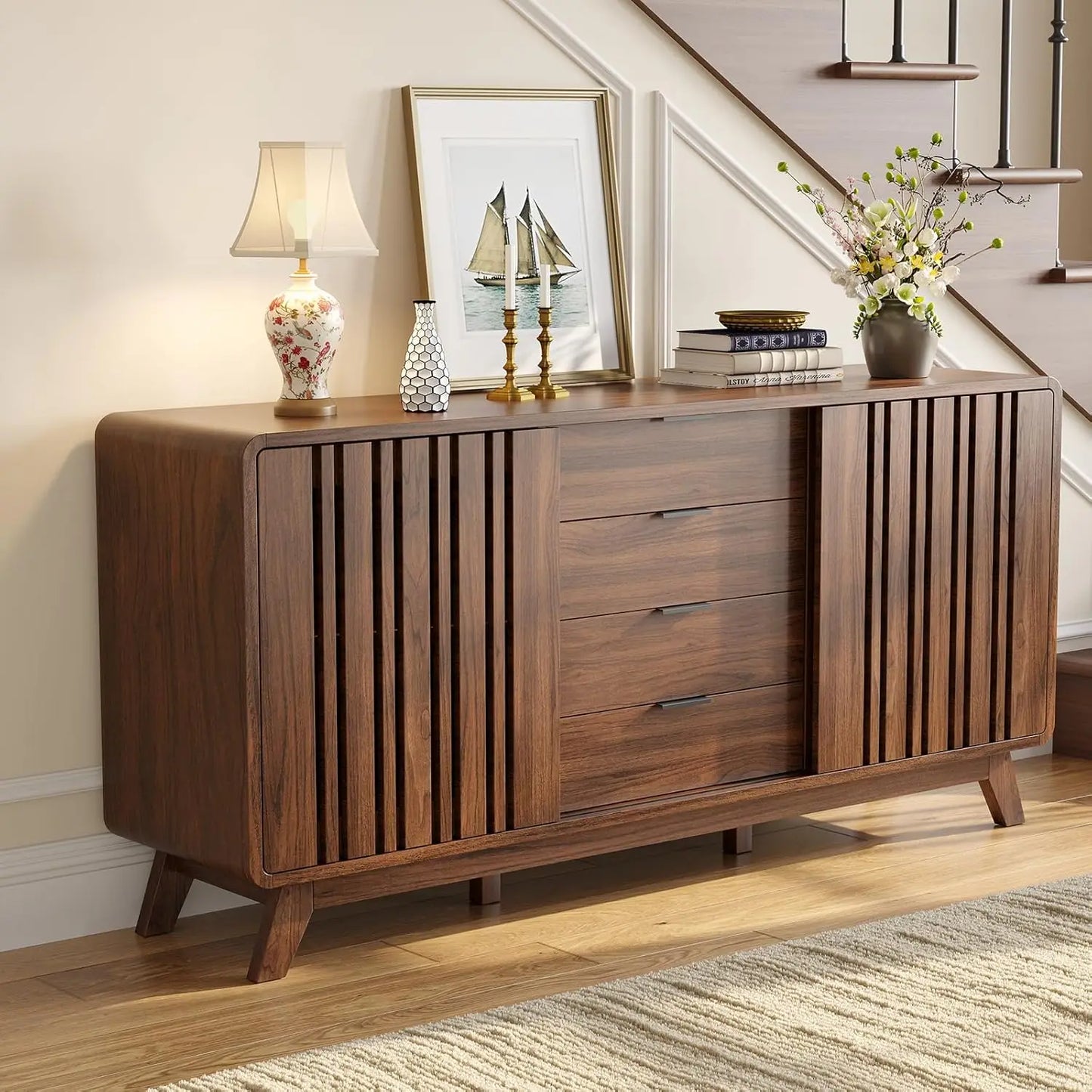Mid Century Wooden Sideboard Buffet Cabinet With Storage Drawers