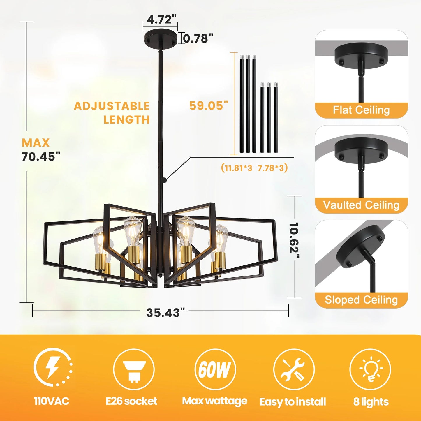 Eight Light Geometric Chandelier With Adjustable Height Metal Pendant