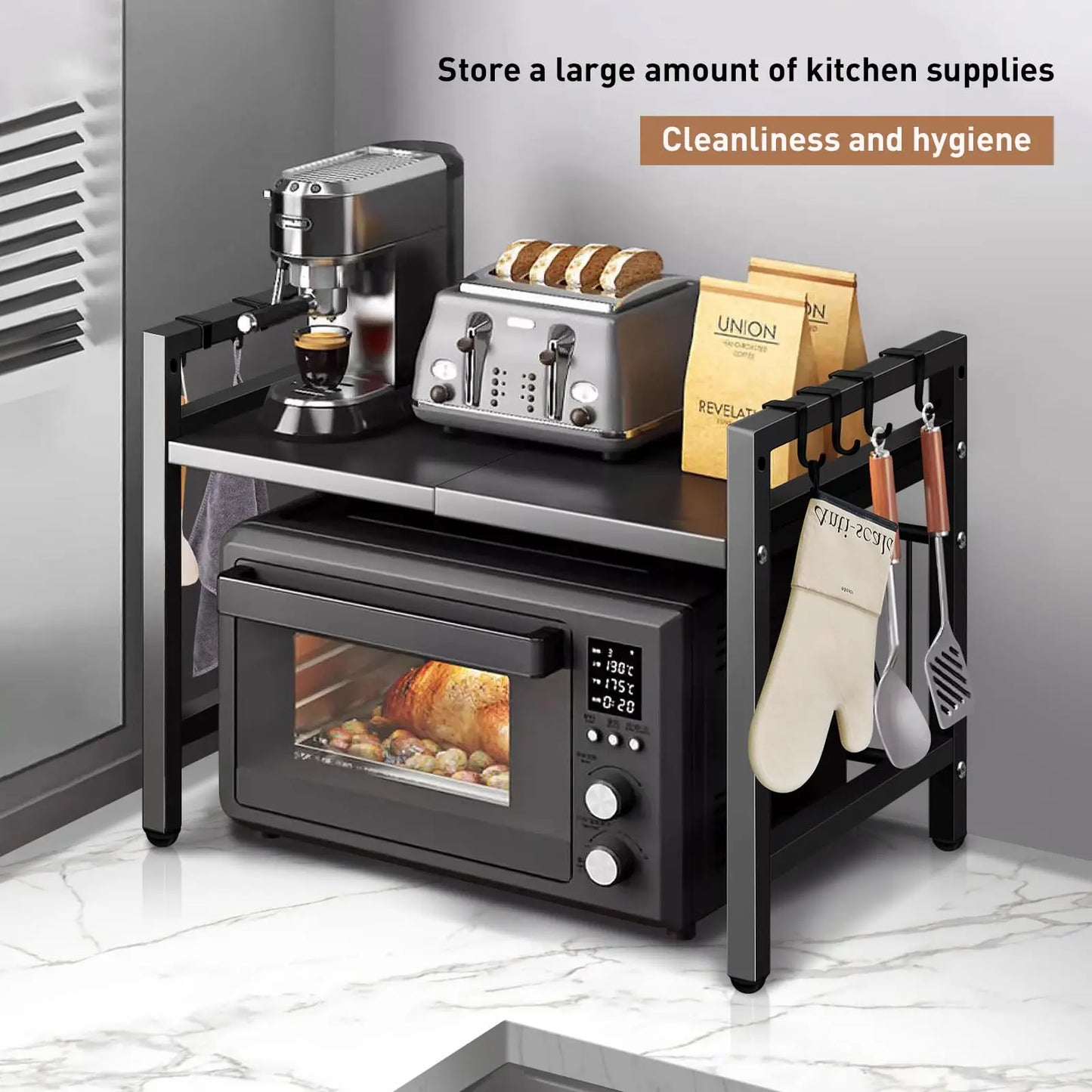 Expandable Metal Kitchen Storage Rack For Microwaves And Condiments