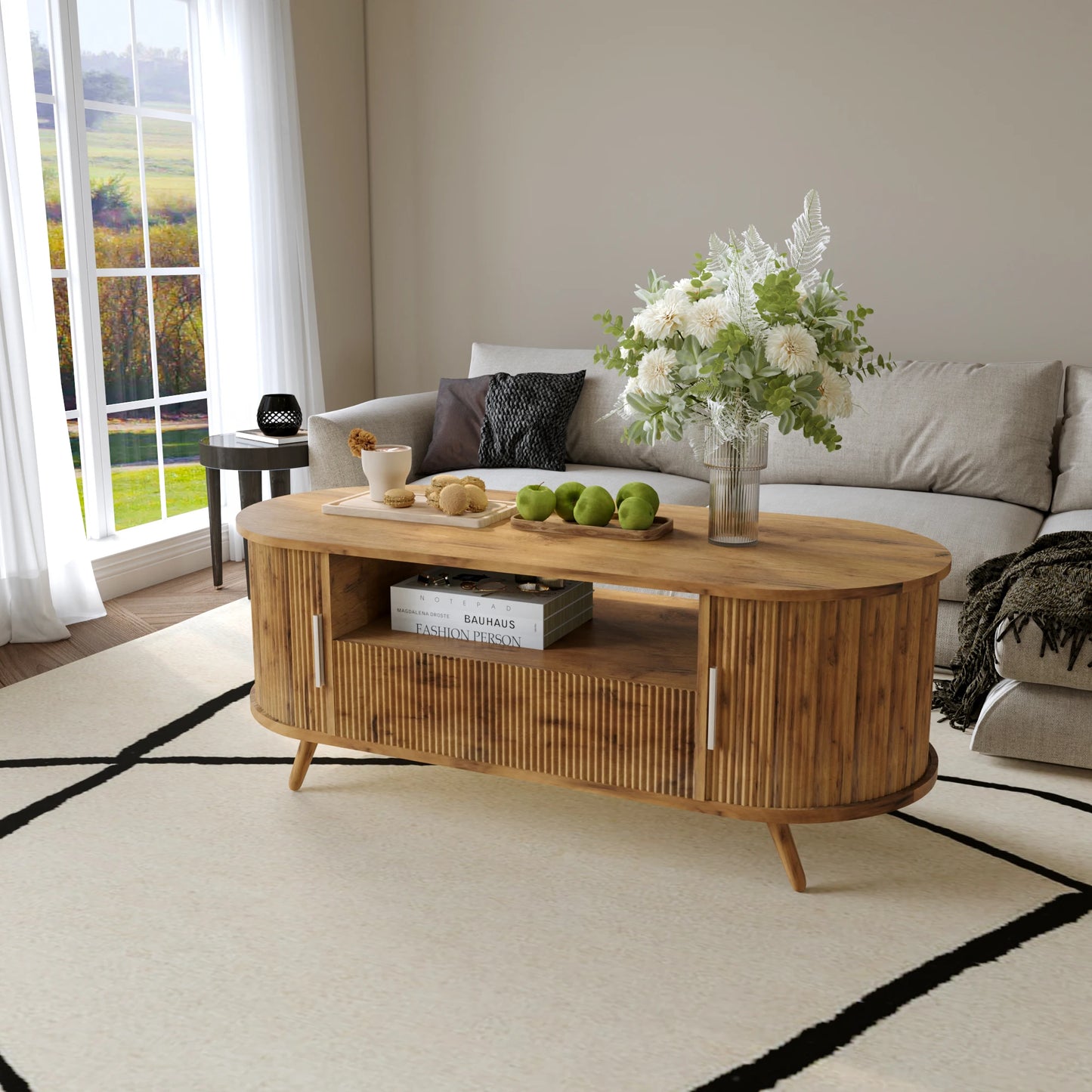 Modern Oval Coffee Table With Storage Drawer And Sliding Doors