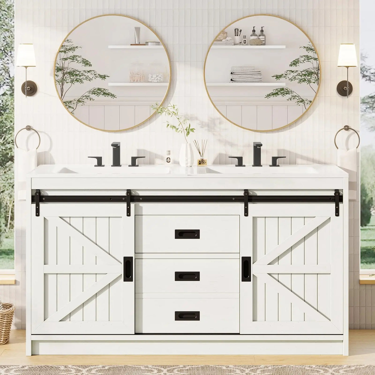 Farmhouse Double Sink Bathroom Vanity With Sliding Barn Doors