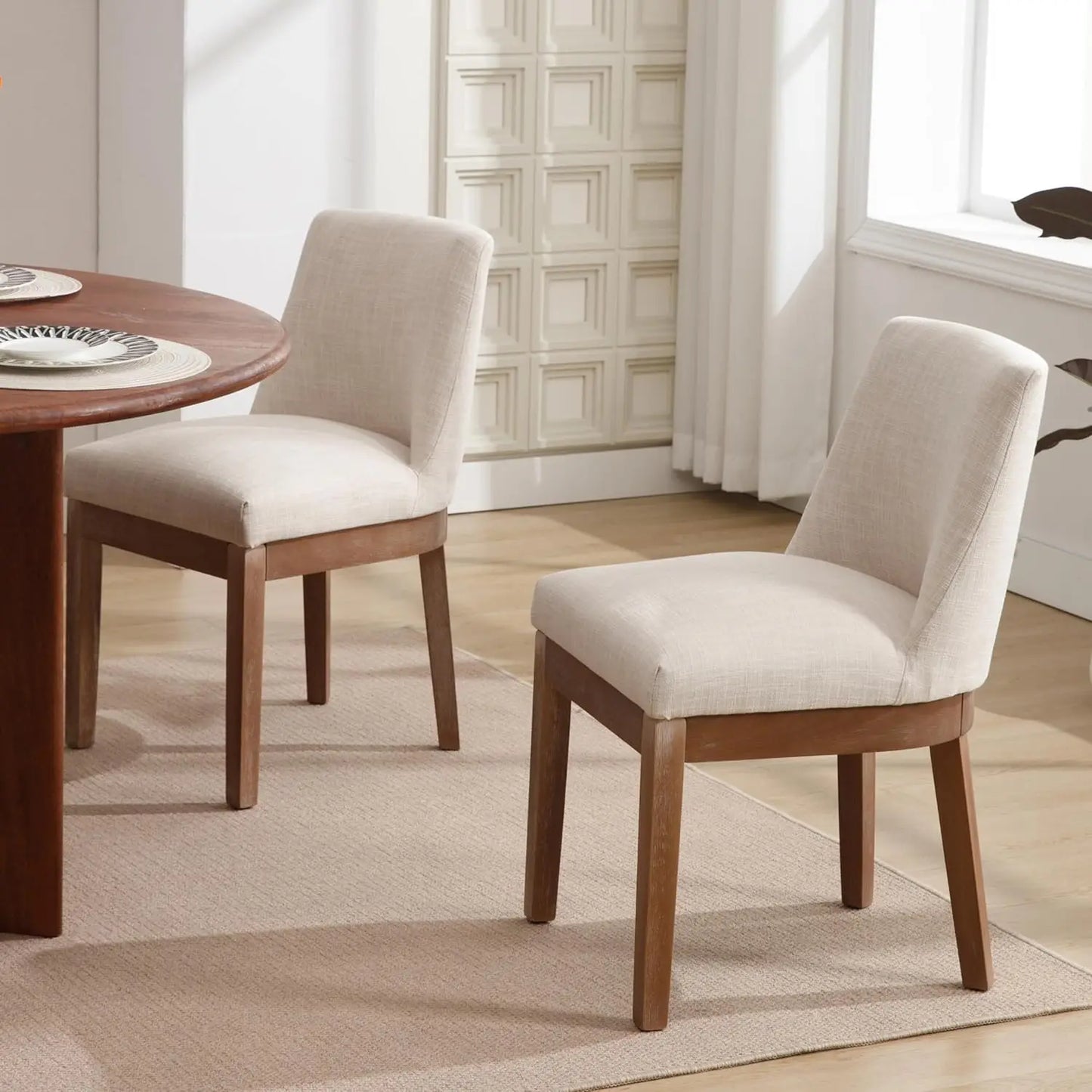 Modern Linen Dining Chairs Set of 4 Upholstered Wood Legs