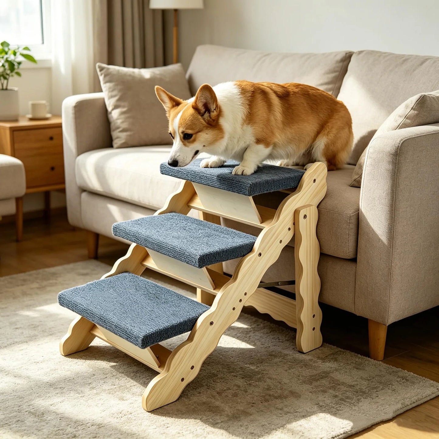 DishyKooker Premium Wooden Pet Stairs And Folding Dog Ramp