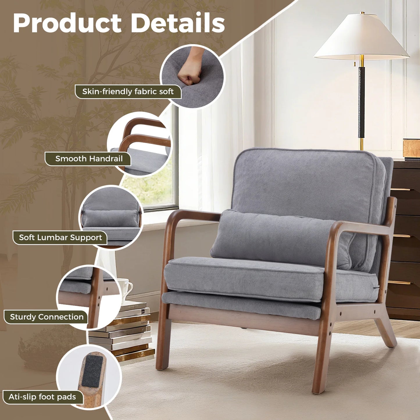 JHK Mid Century Modern Wooden Accent Chair With Comfort Cushion