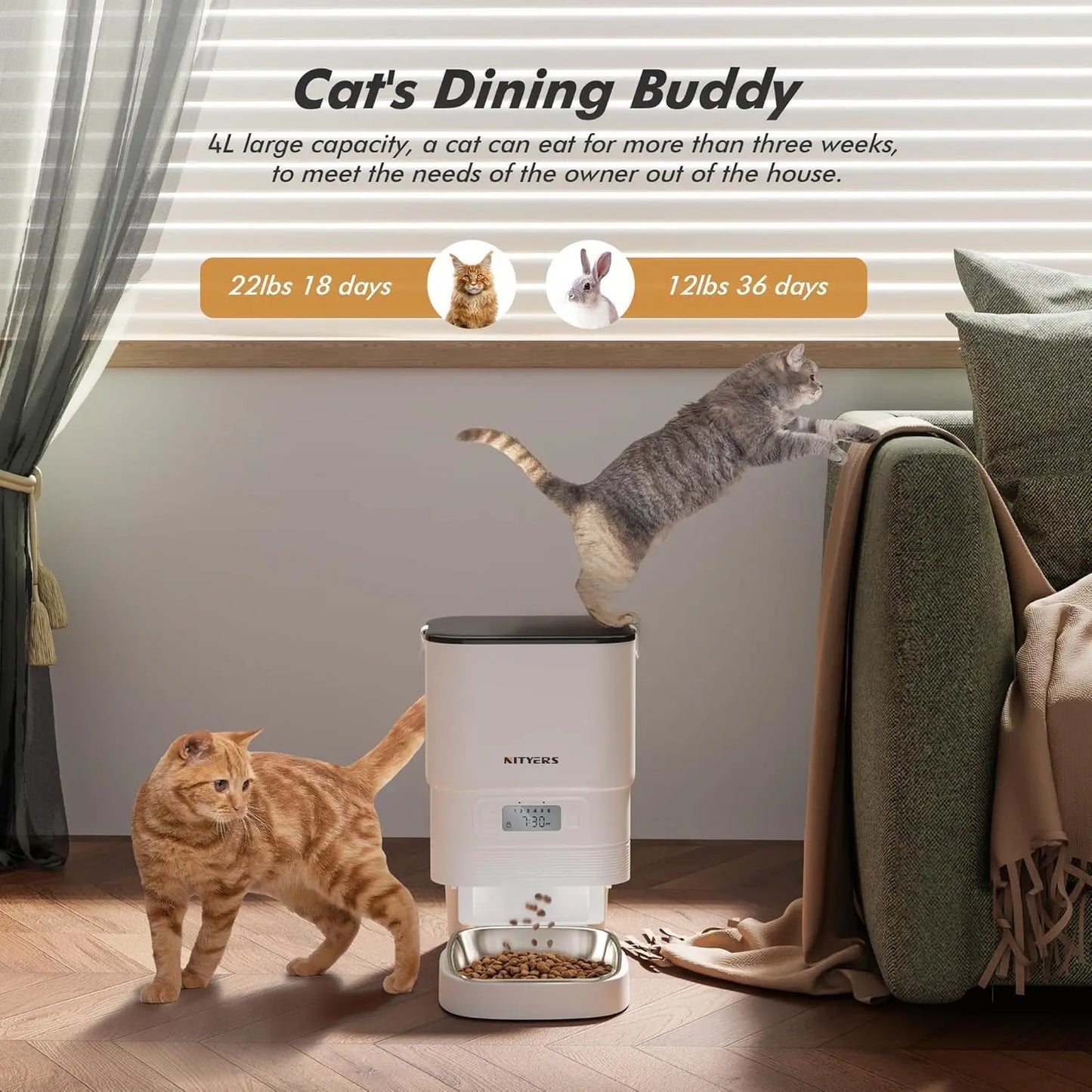 Nityers Cat Feeder Stainless Steel Bowl Voice Recorder Portion Control