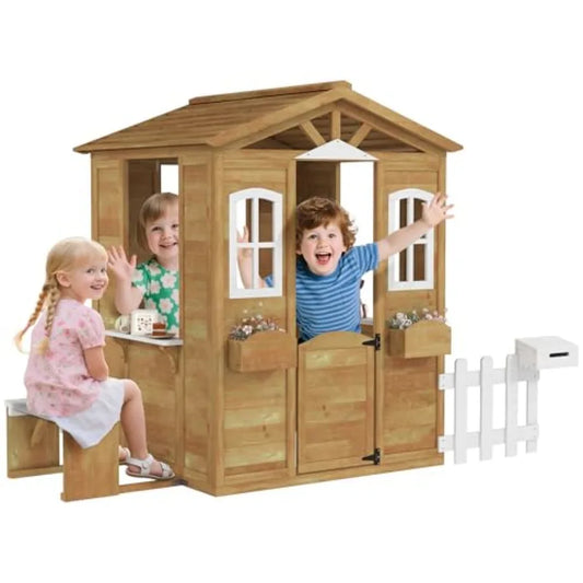 MDNG Natural Wood Outdoor Playhouse For Kids With Working Doors