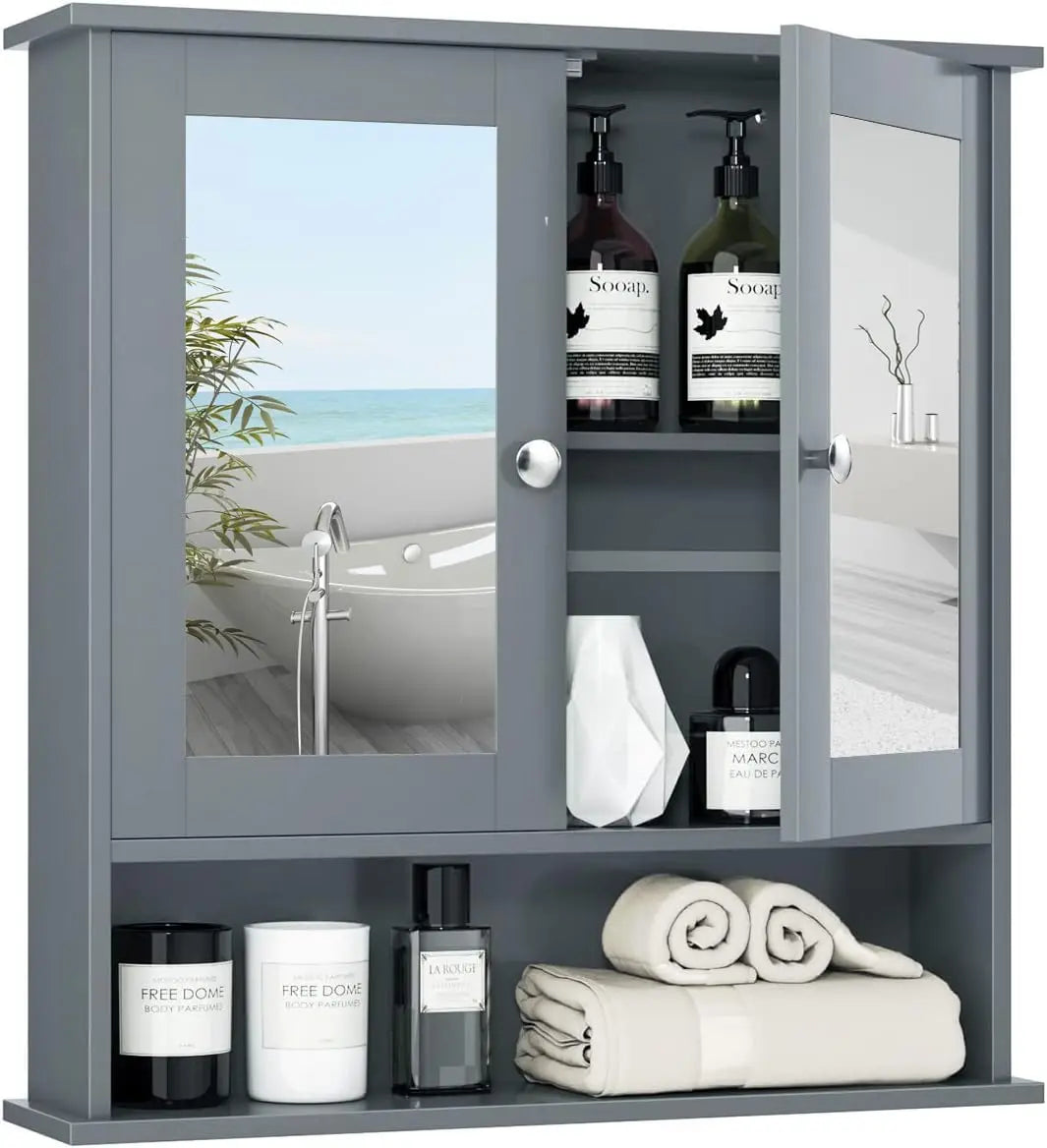 XIUWO Bathroom Medicine Cabinet With Mirrored Doors And Adjustable Shelf