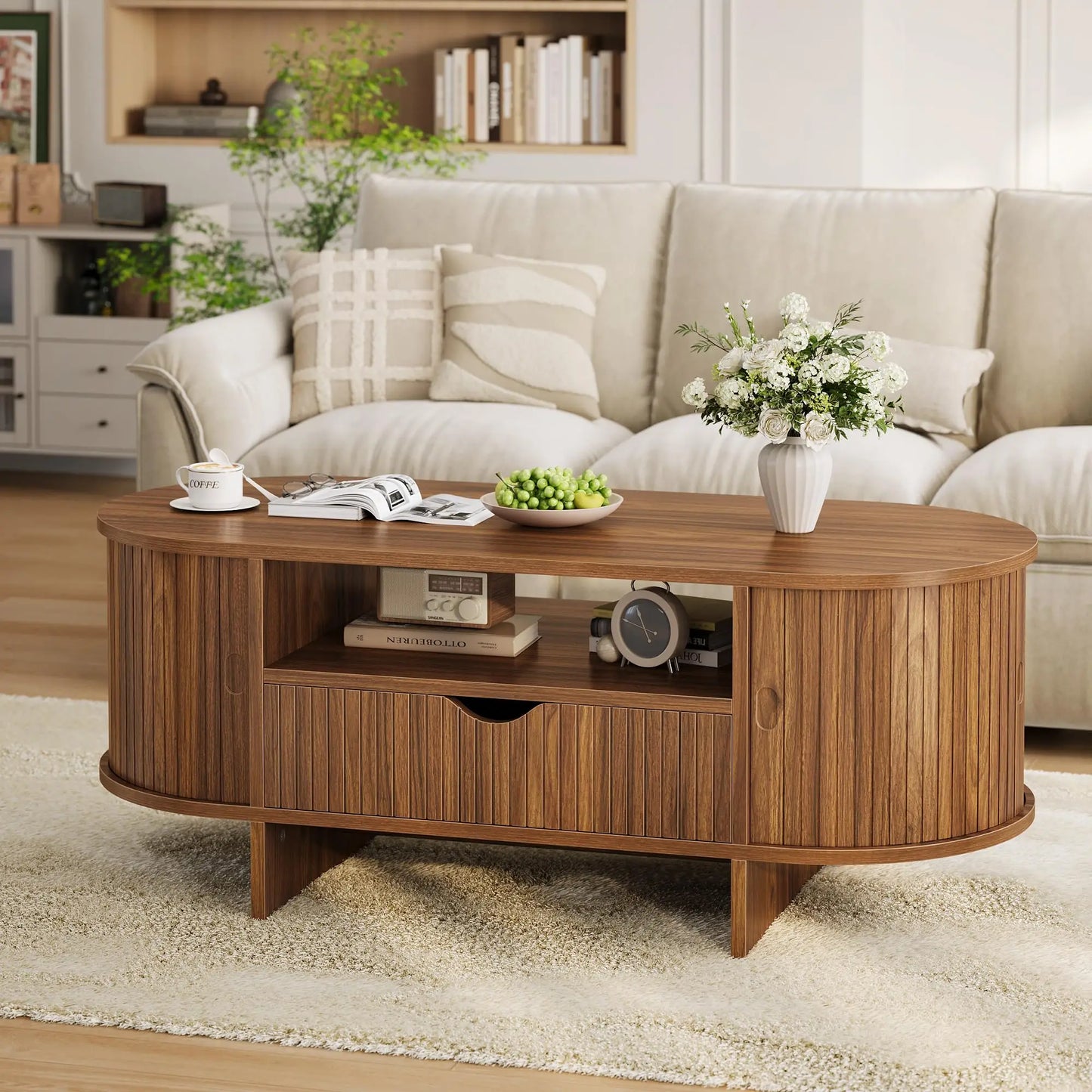 HiMiss Modern Fluted Wood Coffee Table With Storage Cabinet