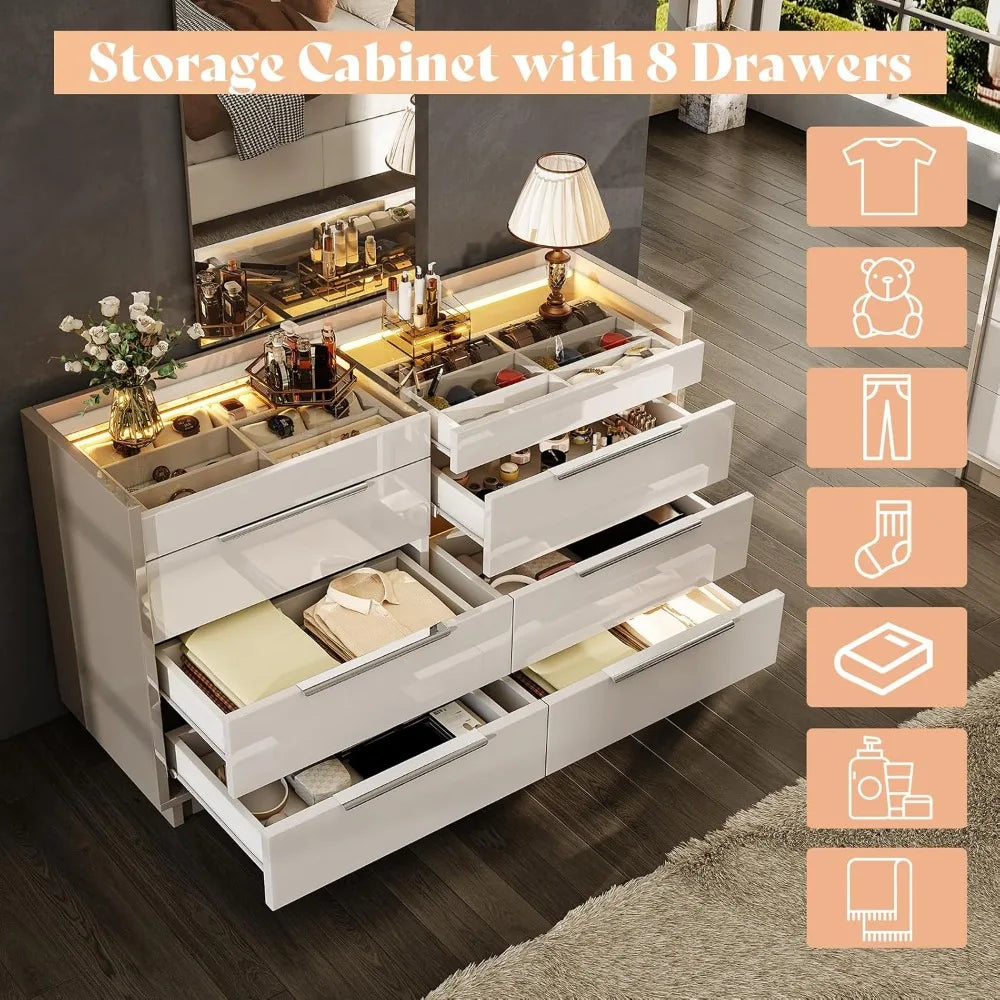 Modern High Gloss 8-Drawer Dresser with LED Lighting, Glass Top and 2 Six-Grid Jewelry Drawers
