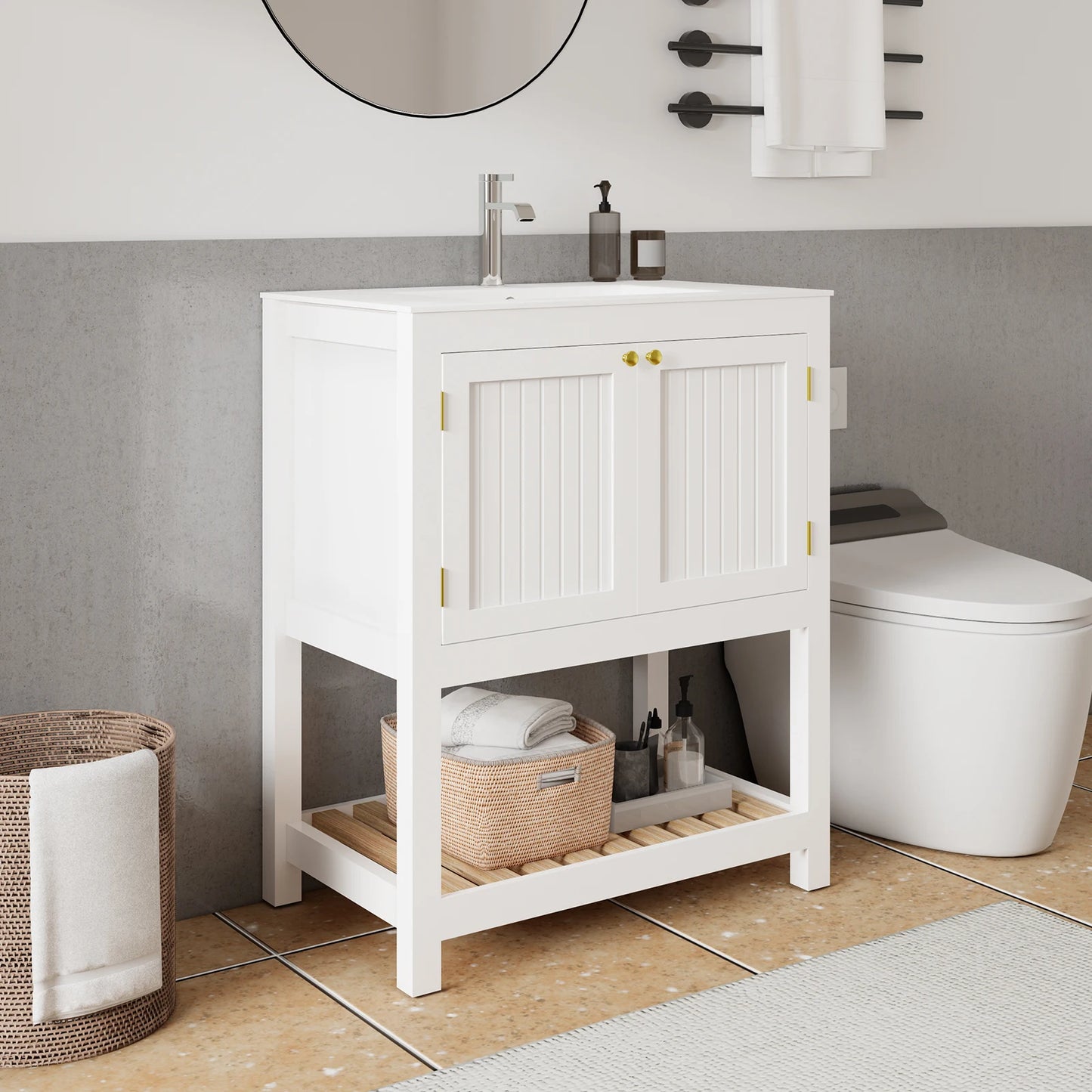 White Farmhouse Bathroom Vanity With Sink And Storage