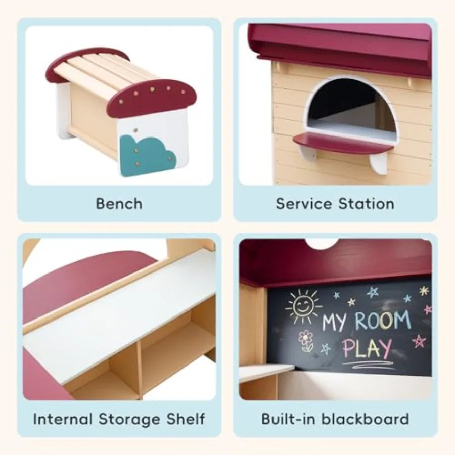 MDNG Solid Wood Kids Playhouse With Chalkboard And Utility Table