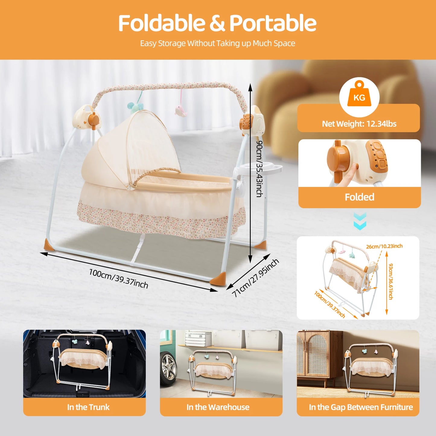 Electric Baby Crib Cradle With Remote Swing And Music