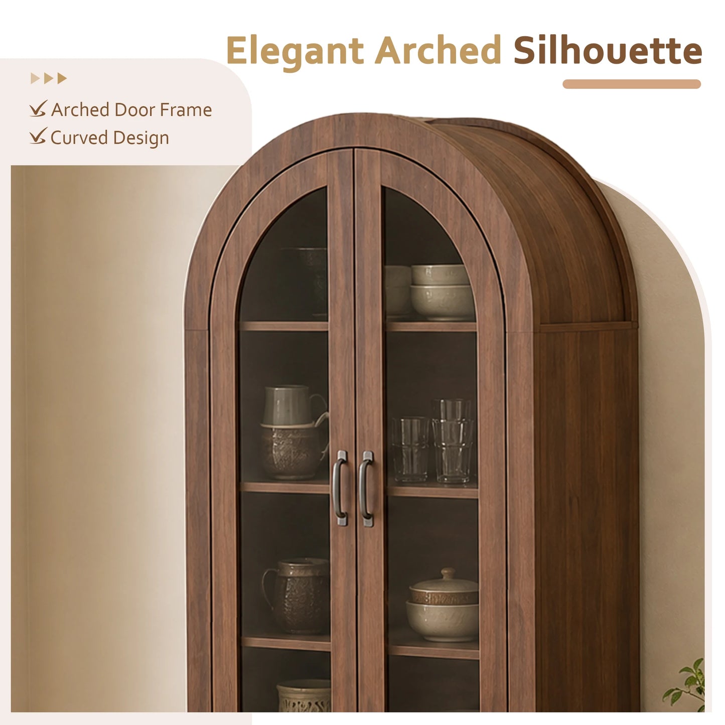 TCGBKAF Modern Farmhouse Arched Display Cabinet With Adjustable Wooden Shelves