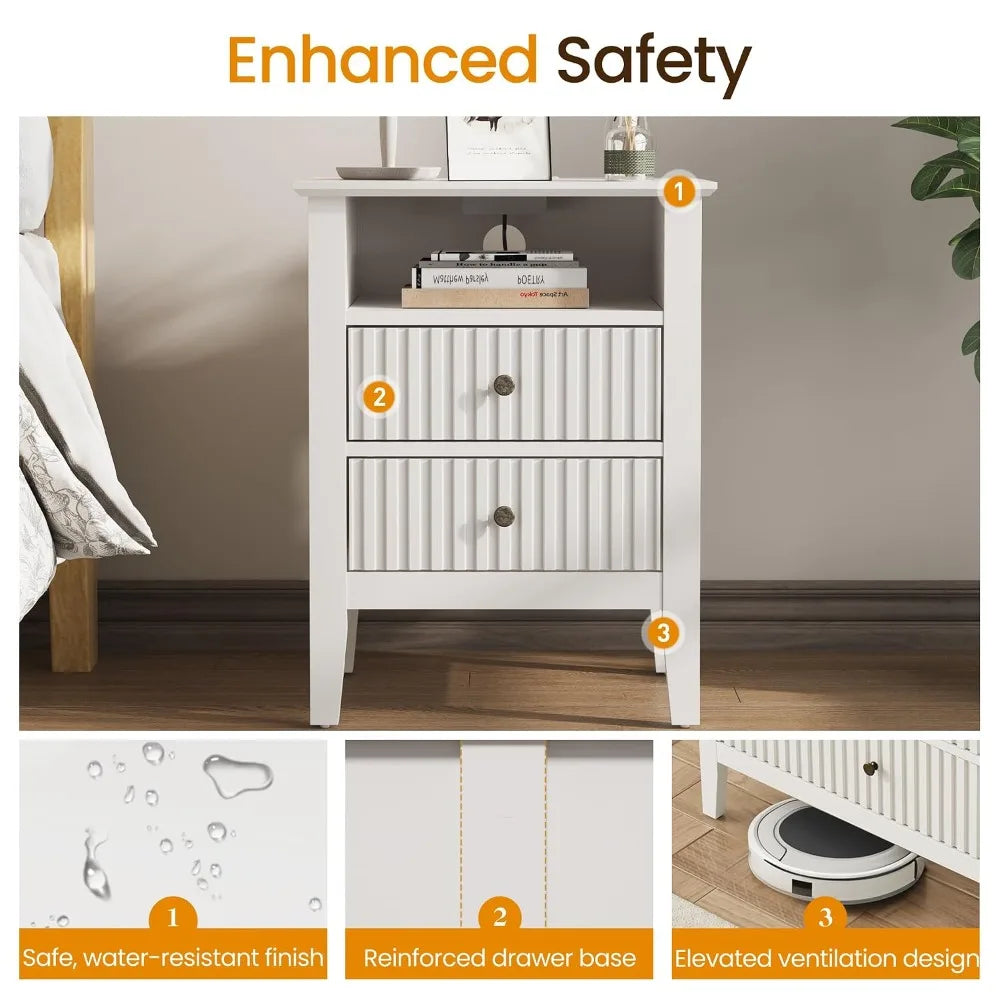 Contemporary Fluted Nightstand Set With Charging Station And Storage Shelf