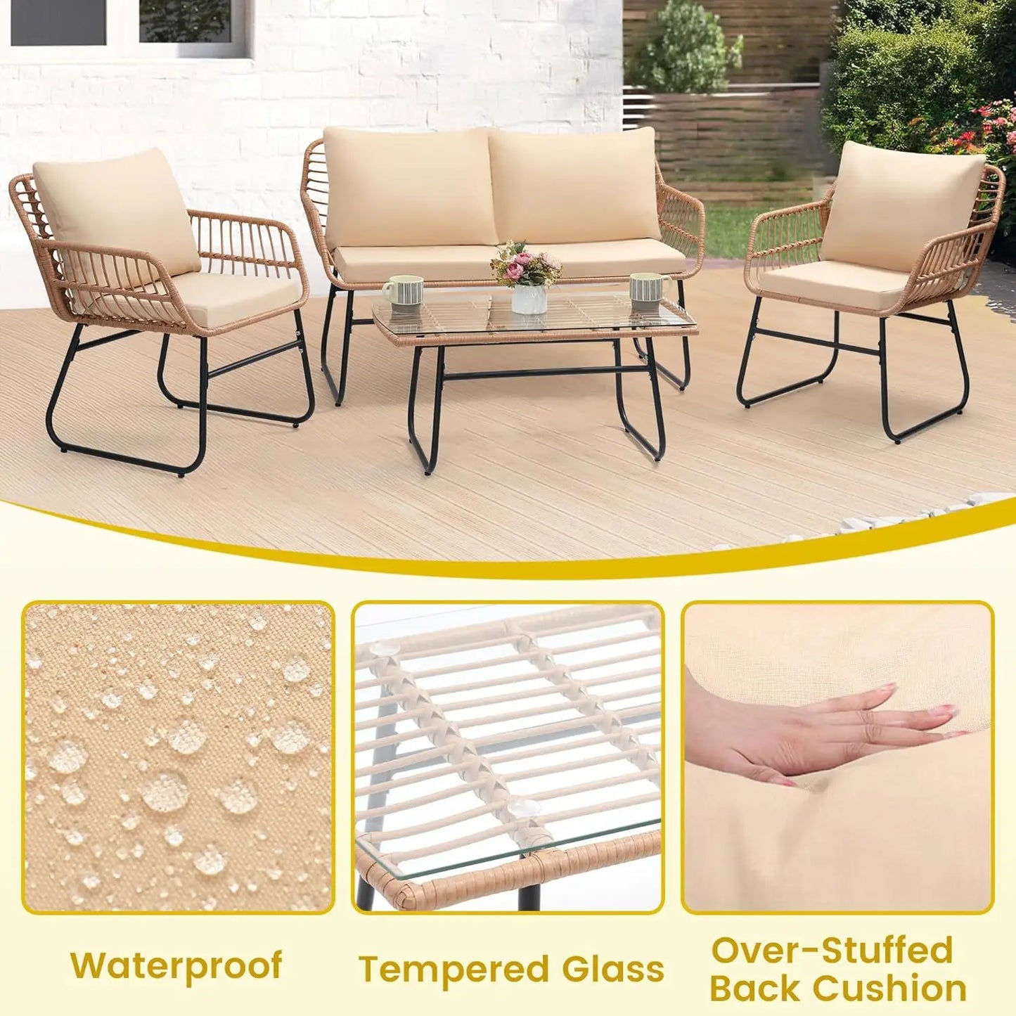 4 Piece Rattan Patio Bistro Set with Modern Style