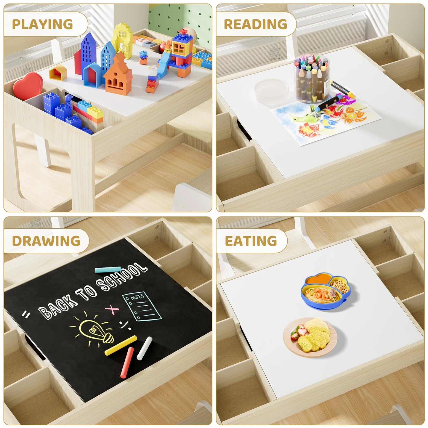 AuAg Wooden Toddler Table And Chairs Set With Storage