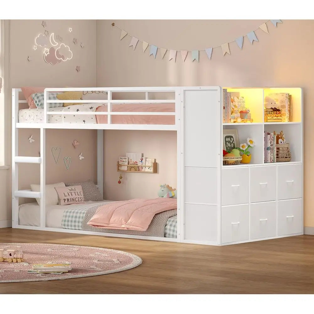 Twin Over Twin Bunk Bed With Storage Shelves And Led