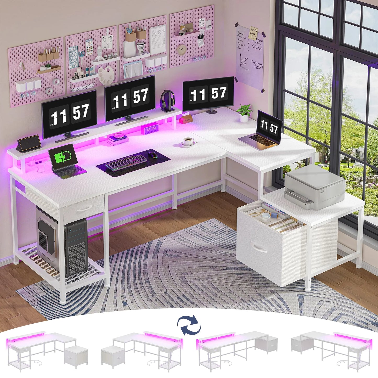 EnHomee L Shaped Gaming Desk With Reversible Corner RGB Lighting