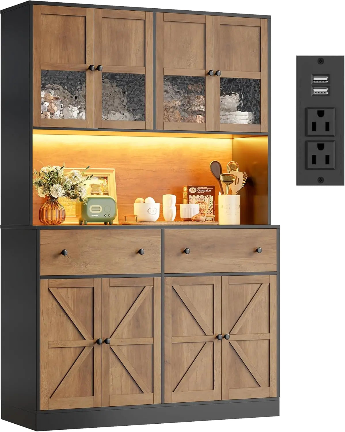 Farmhouse Kitchen Pantry With Led Light And Microwave Mount