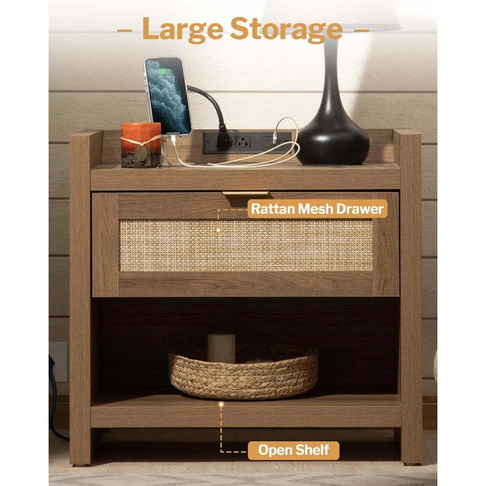 RBXC Rattan Nightstand Set Of 2 With Type C Charging