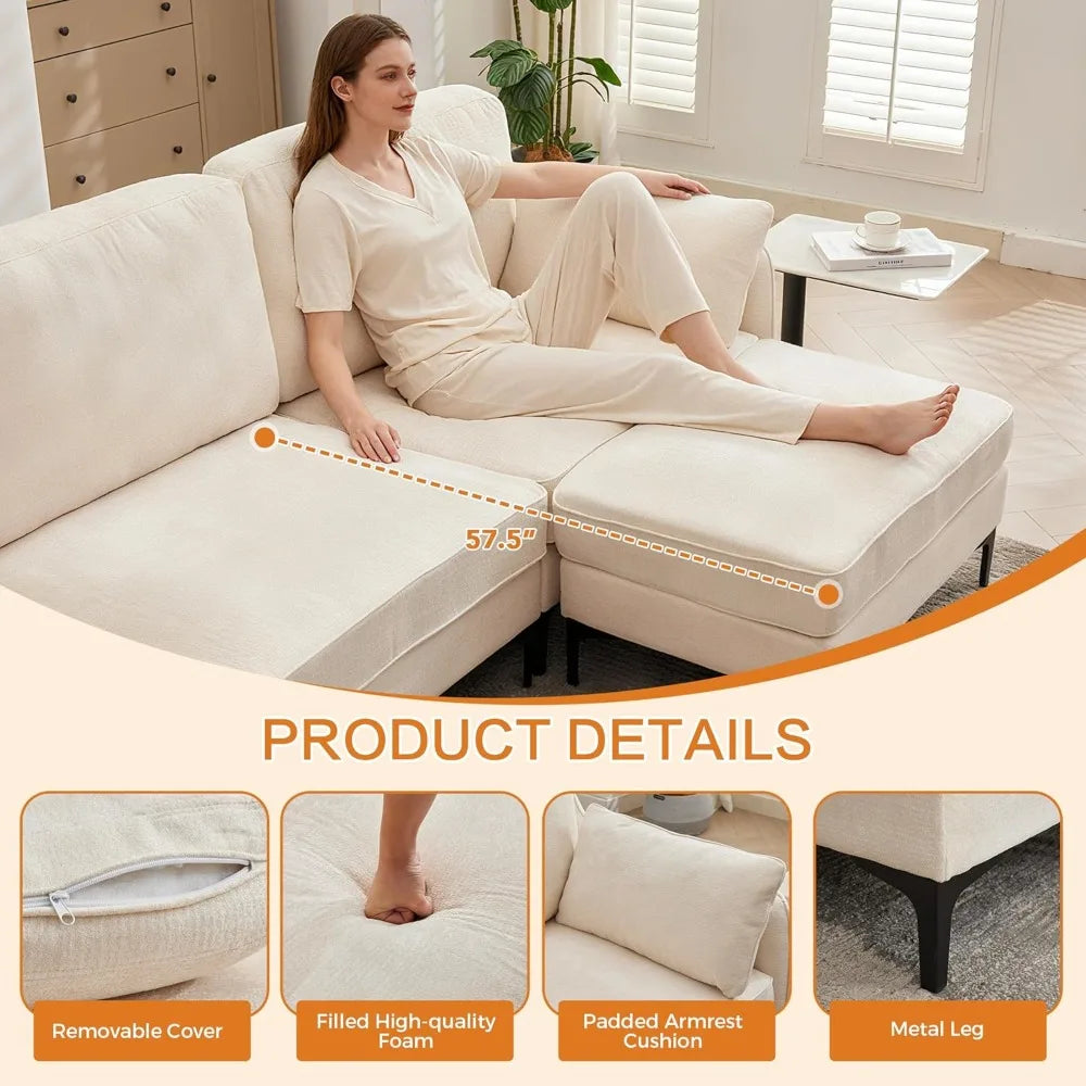 L Shaped Chenille Sectional Sofa With Movable Ottoman For Living Room