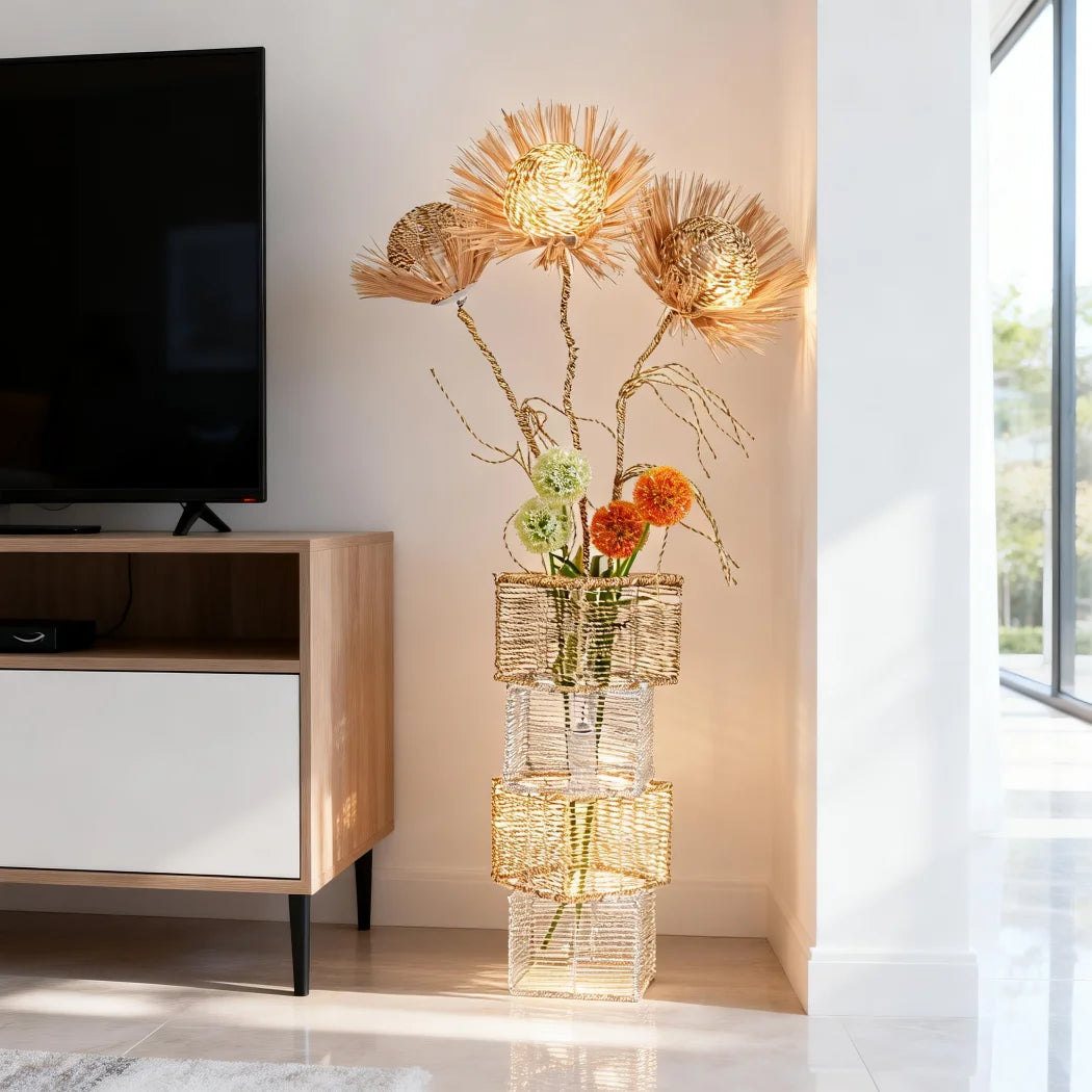 Modern Rattan Floor Lamp Dimmable with LED Bulbs Living Room