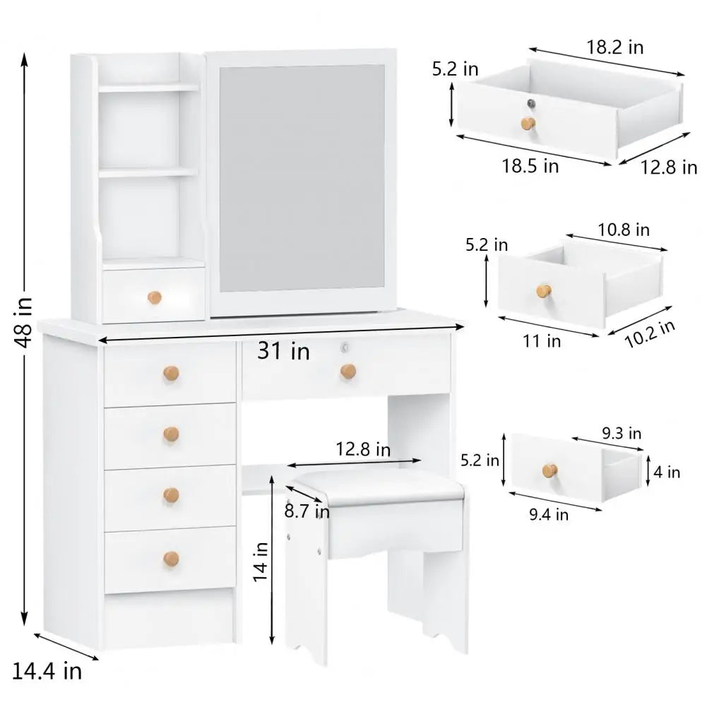 Modern Wooden Vanity Desk With Sliding Mirror and Drawers