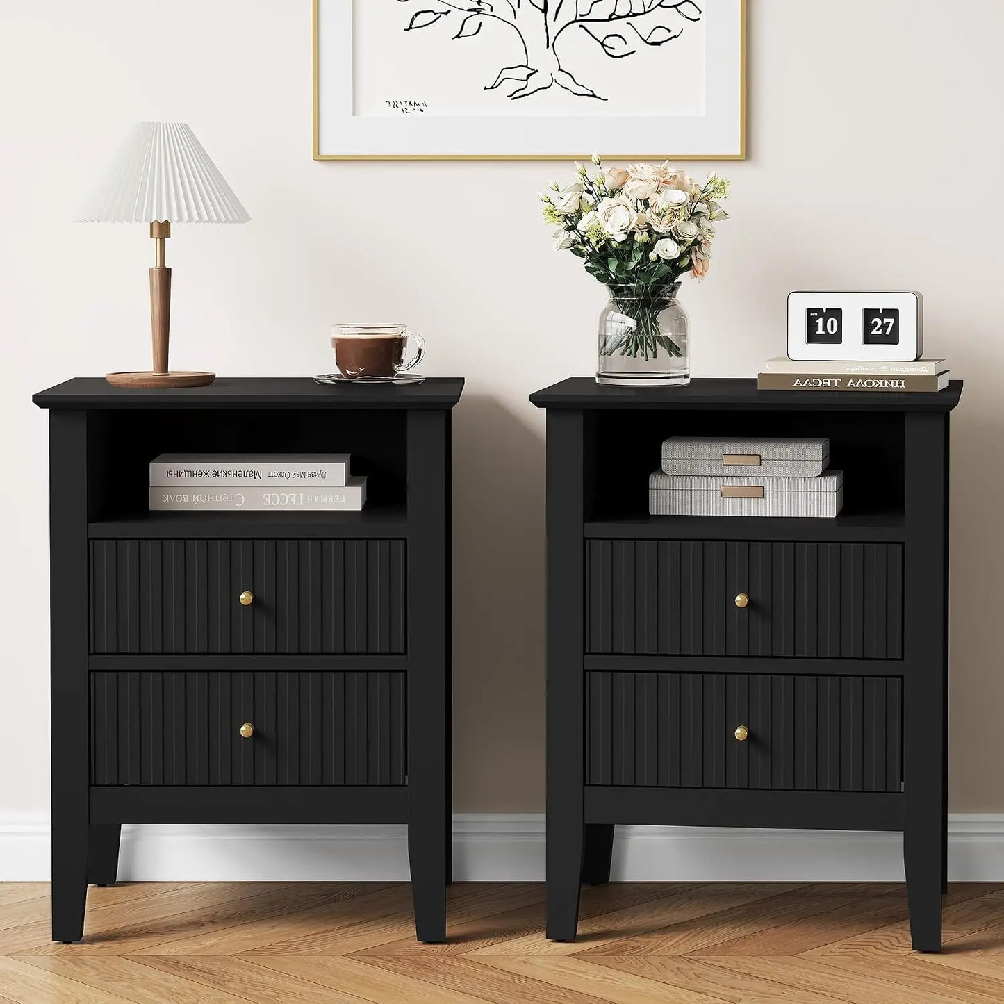 Contemporary Fluted Nightstand Set With Charging Station And Storage Shelf