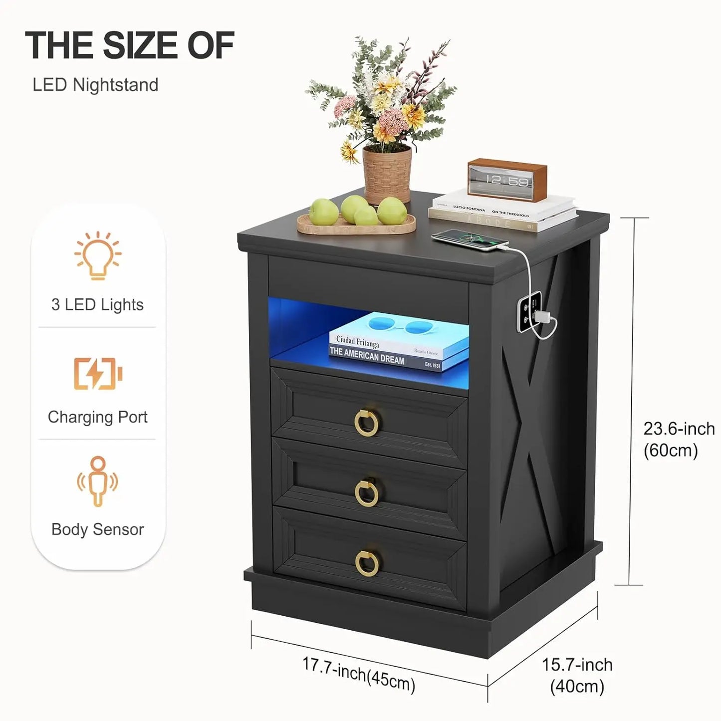 Minimalist Wooden Nightstand Set With Integrated Led Lights And Charger