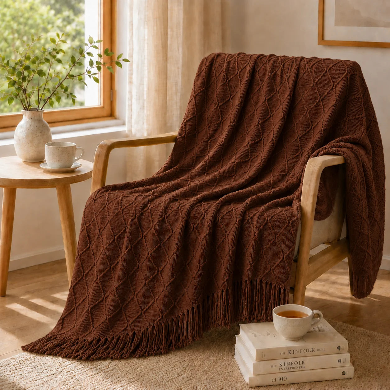 Textured Bobble Diamond Knit Throw Blanket Featuring Tassel Fringe