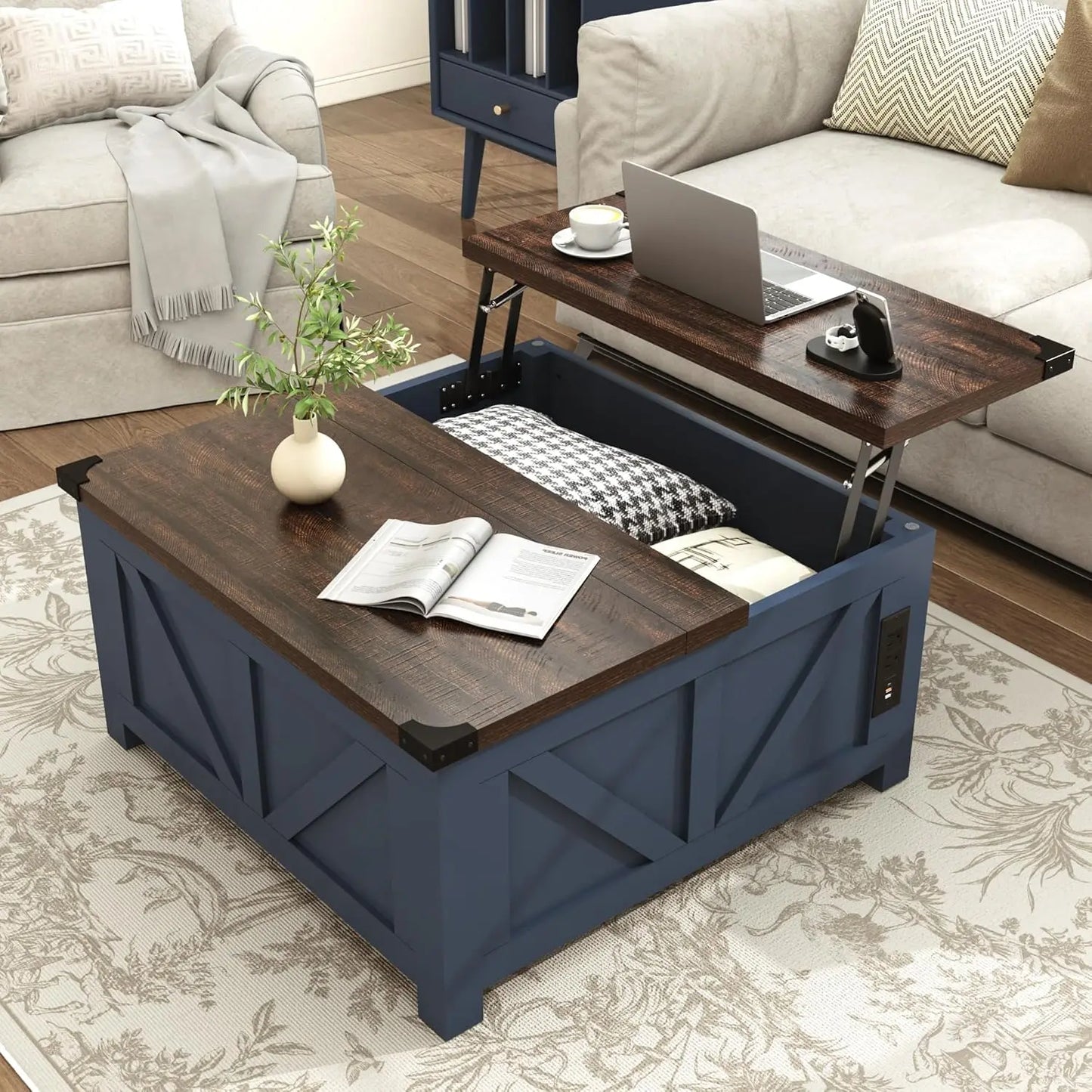 HUANZHUANG Wood Square Coffee Table With Storage And Charging Station