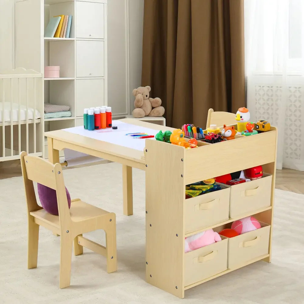 AuAg Kids Art Table And Chair Set With Storage Shelves Canvas Bins