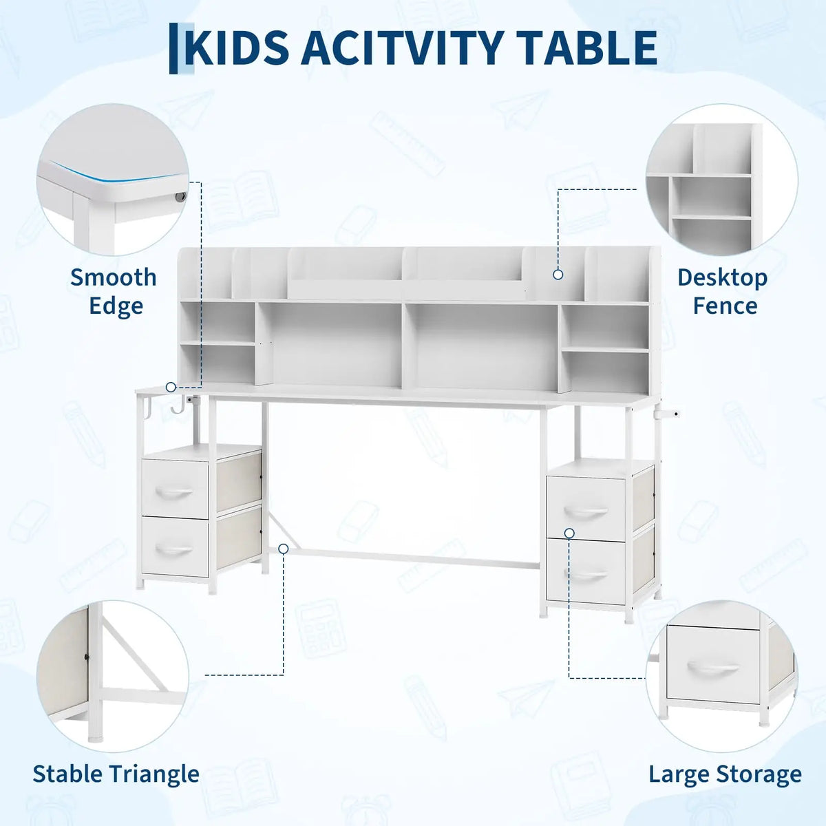 HiMISS Double Kids Desk And Chair Set With Hutch Storage
