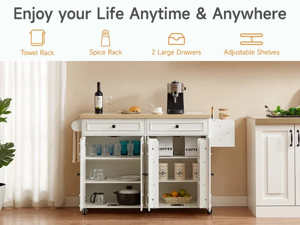 Mobile Wood Kitchen Island With Drop Leaf And Power Outlet