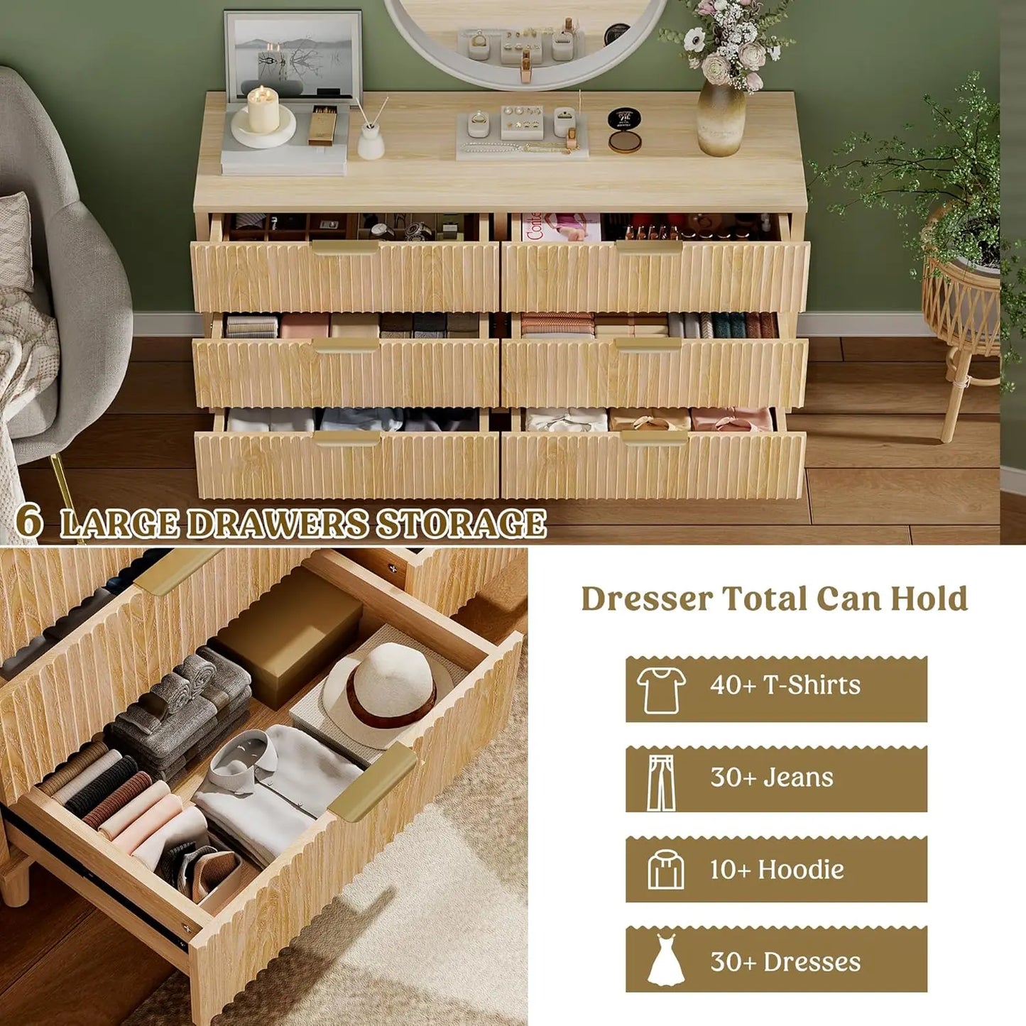 Wood Dresser for Bedroom Fluted Modern Chest of Drawers 6 Drawers