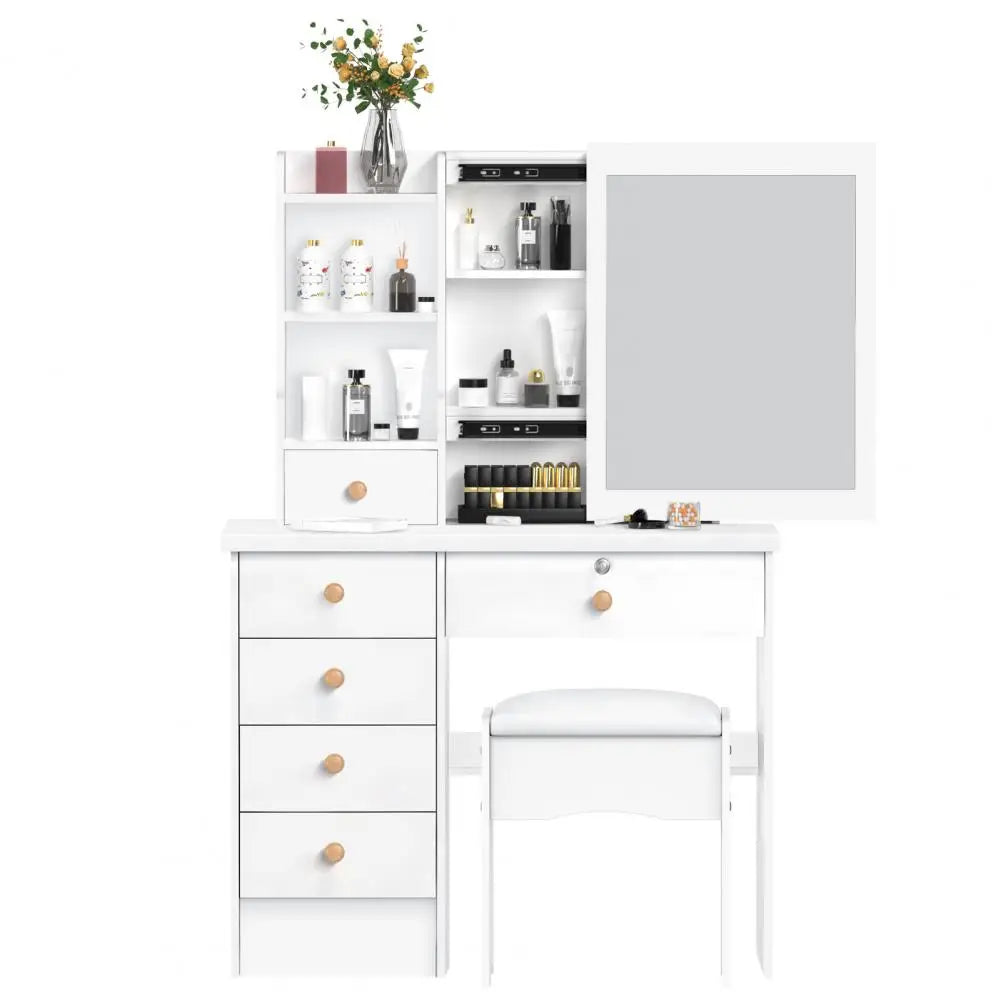 Modern Wooden Vanity Desk With Sliding Mirror and Drawers