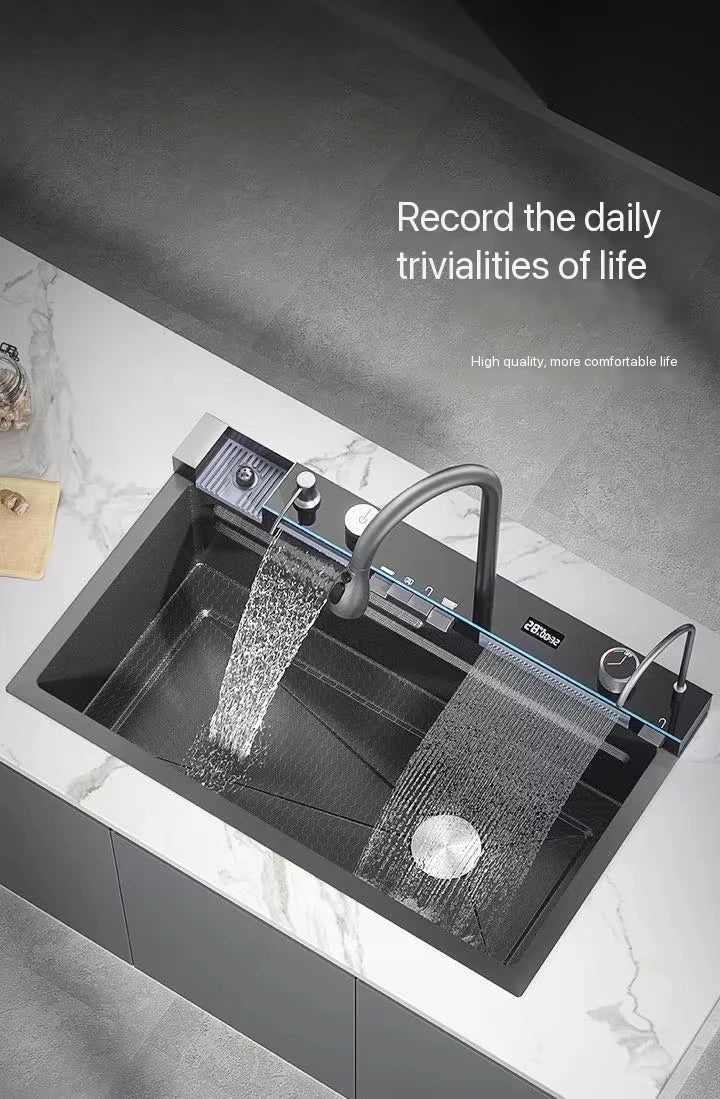 Nianronghua Stainless Steel Kitchen Sink With Digital Display Waterfall Faucet