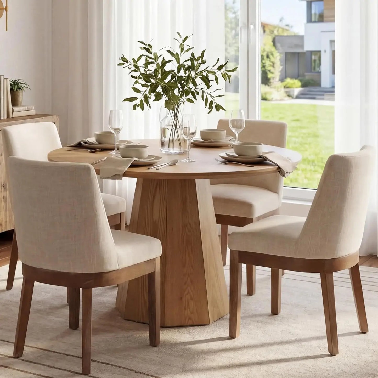 Modern Linen Dining Chairs Set of 4 Upholstered Wood Legs