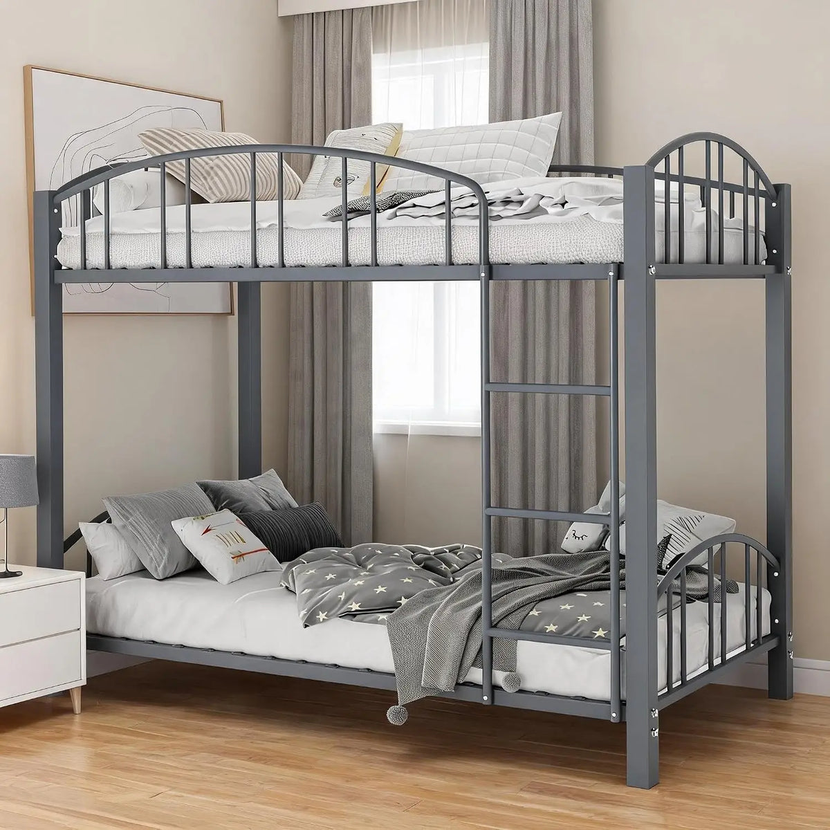 HiMISS Metal Bunk Bed Frame With Safety Ladder And Guardrails