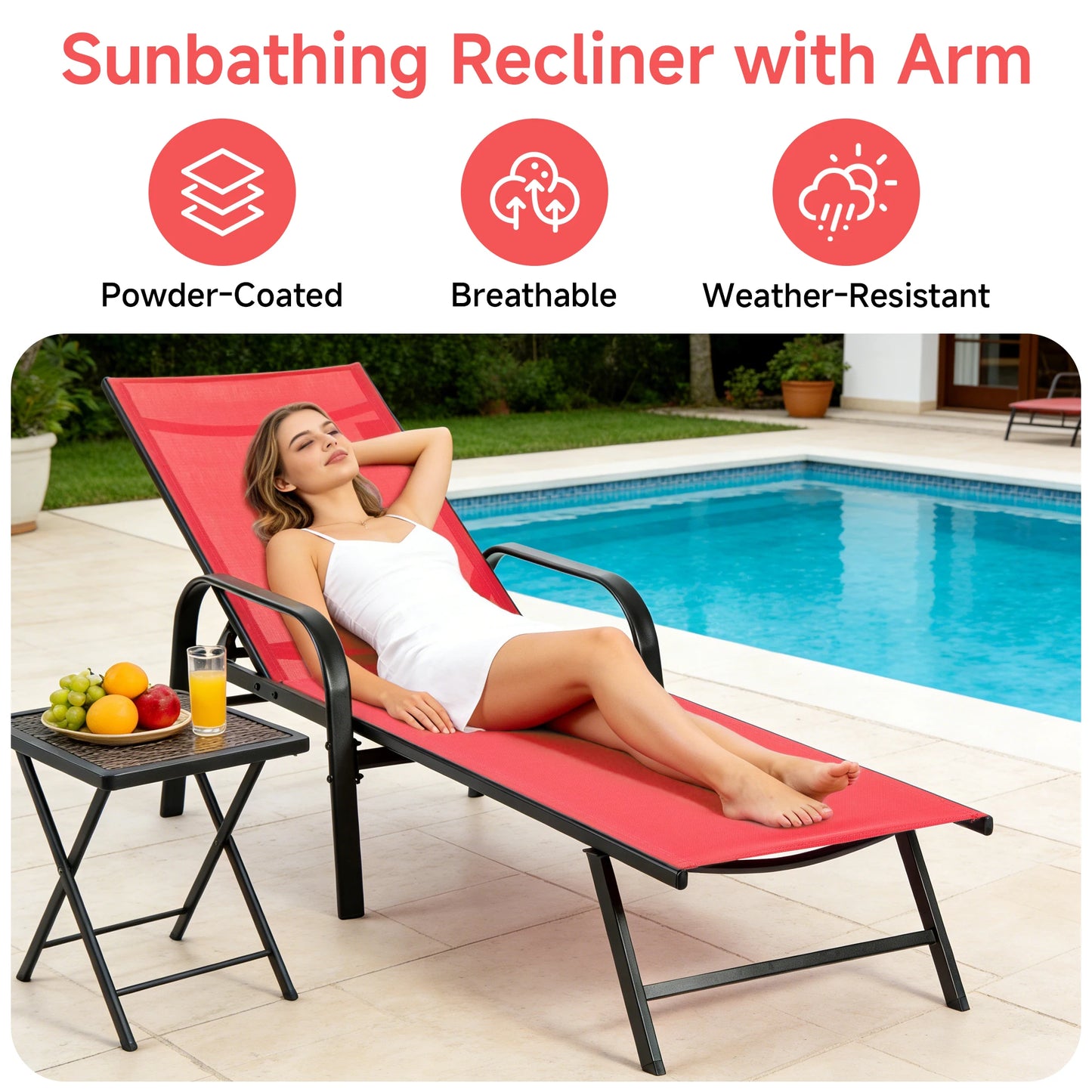 JHK Folding Portable Beach Chair With Armrests Metal Frame Outdoor Lounge