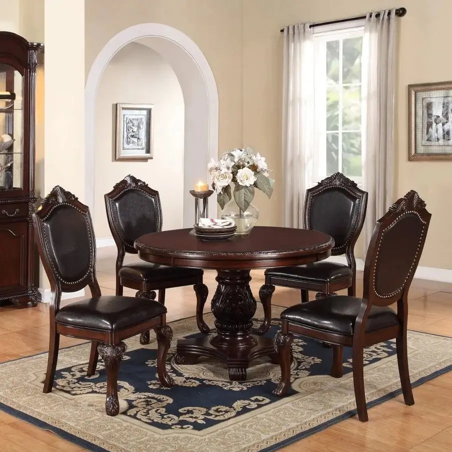 Antique Round Dining Table Set With Four Padded Chairs